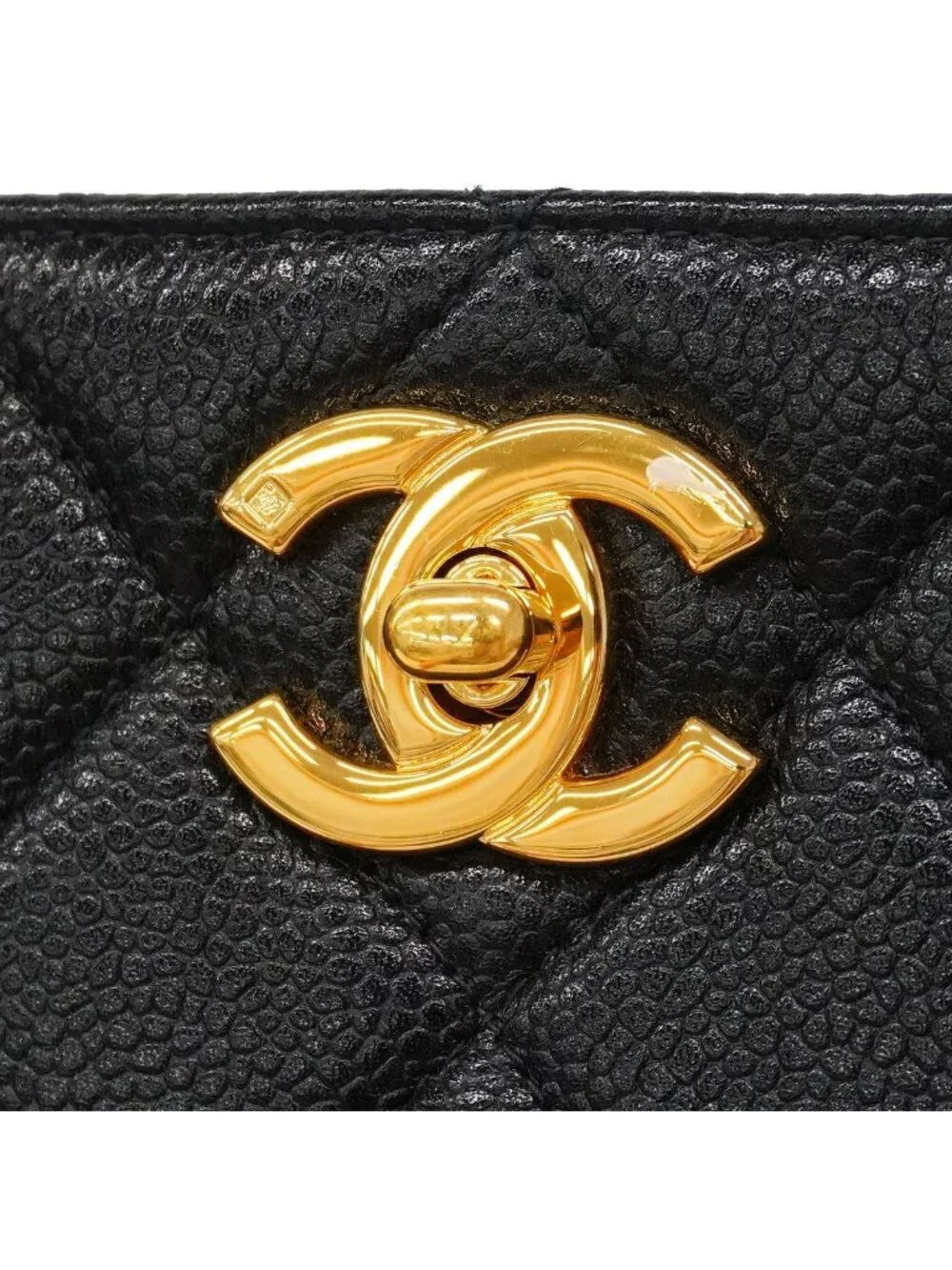 Chanel Chain Tote Bag Quilted Caviar Leather Black Gold